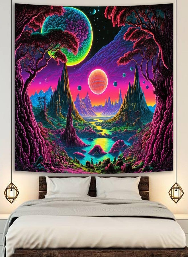 Manicer Blacklight Galaxy Moon Tapestry - Alien Landscape UV Reactive Neon Mountain Forest, Space Fantasy Plants Wall Hanging for Room Decor - 59.1" x 80" - Image 3